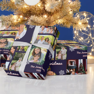 Family Photo Gallery Dark Blue Custom Christmas Wrapping Paper