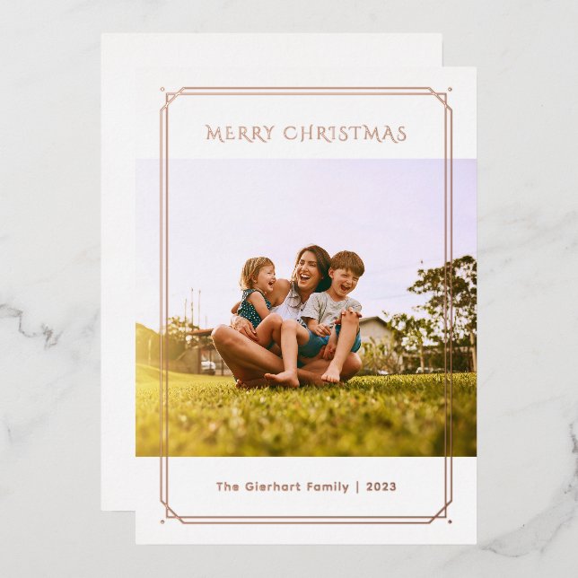 Family Photo Geometric Christmas Rose Gold Foil Holiday Card (Front/Back)