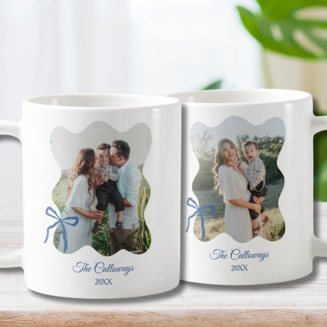 Family Photo Gift for Mum 2-Photo Blue Bow Coffee Mug (Creator Uploaded)