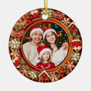 Family Photo, Gingerbread & Poinsettia Holiday Ceramic Tree Decoration