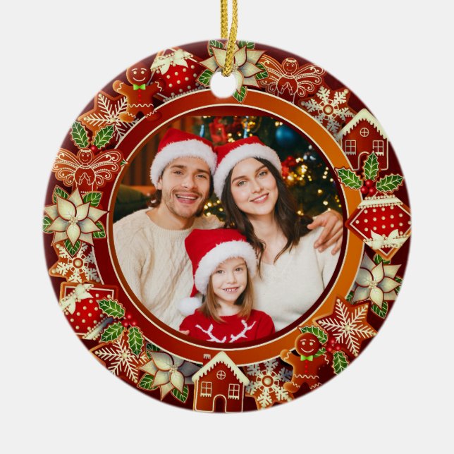 Family Photo, Gingerbread & Poinsettia Holiday Ceramic Tree Decoration (Front)