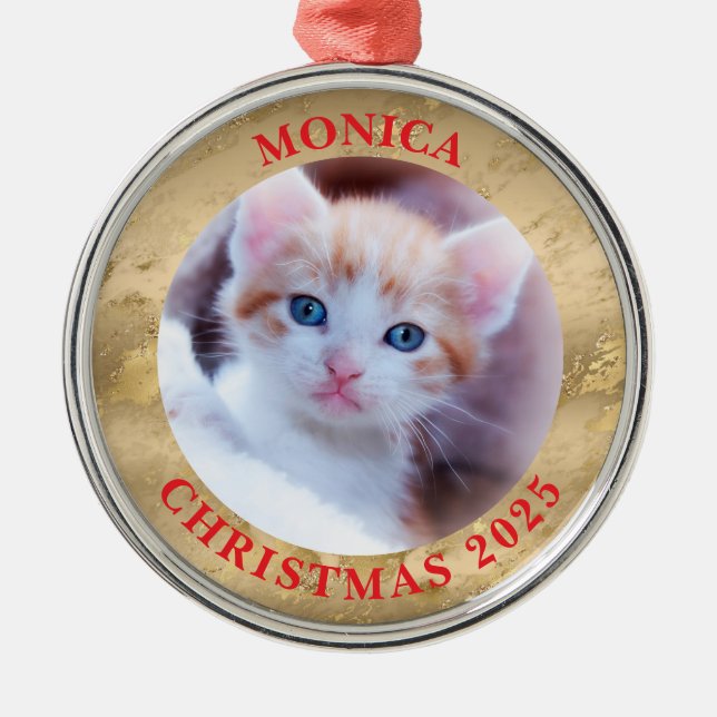 Family Photo Glam Gold Marble Border Metal Tree Decoration (Front)