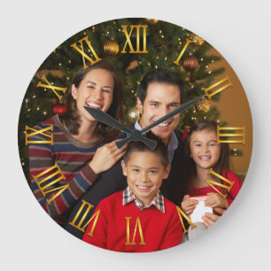 Family Photo Gold Gradient Roman Numerals Large Clock