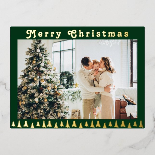Family photo green Christmas  Foil Holiday Postcard (Front)