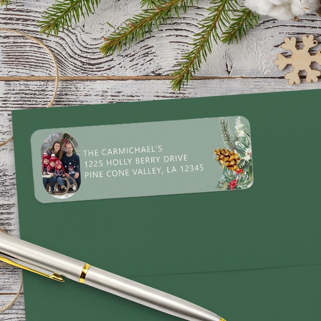 Family Photo Green Holly Pine Christmas Address (Photo Return Address Labels with Holly and Pine from Rounded Lozenge Photo Collage collection)