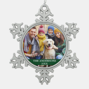 Family Photo Green Snowflake Pewter Christmas Ornament