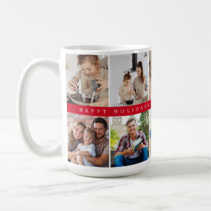 Family Photo Grid Red Happy Holidays band Custom Coffee Mug