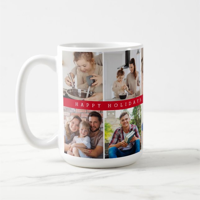 Family Photo Grid Red Happy Holidays band Custom Coffee Mug (Left)