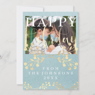 Family Photo Happy Holiday Rustic Blue  Kraft Card