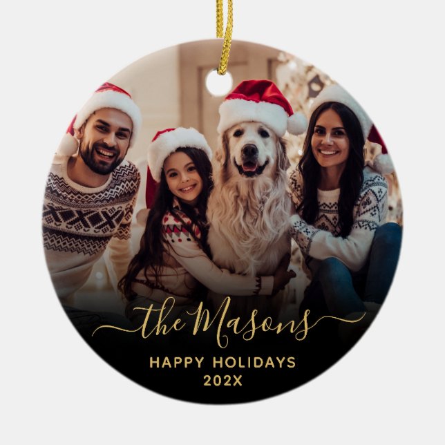 Family Photo Happy Holidays Christmas   Ceramic Tree Decoration (Front)