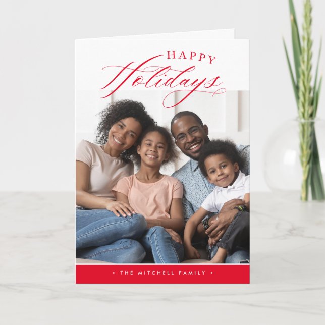 FAMILY PHOTO Happy Holidays cute calligraphy red  Holiday Card (Front)