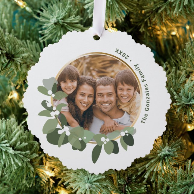 Family Photo Happy Holidays eucalyptus wreath Tree Decoration Card (Insitu (Tree))