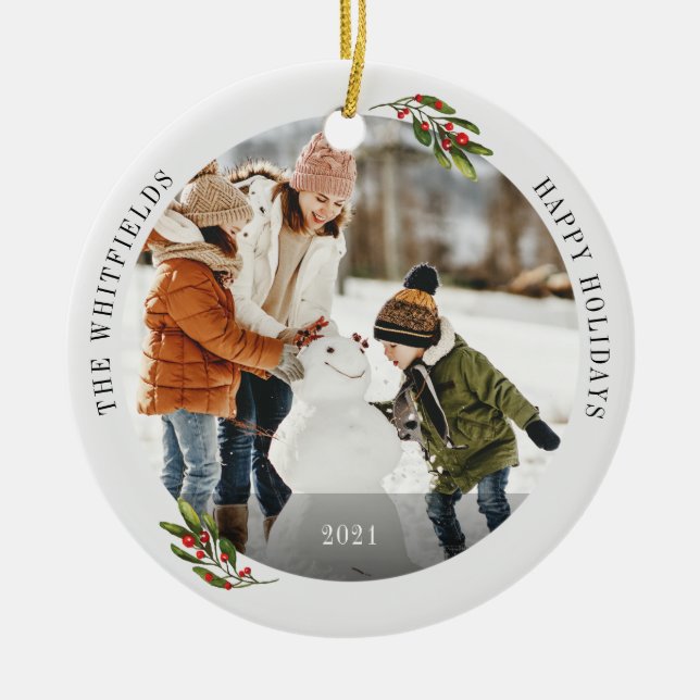 Family Photo Happy Holidays Keepsake Ceramic Tree Decoration (Front)