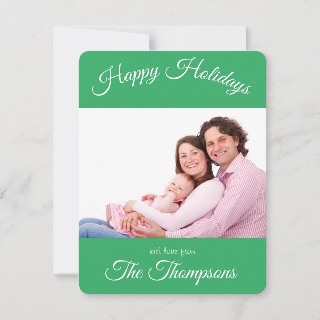 Family Photo Happy Holidays Script Green Accent Holiday Card (Front)