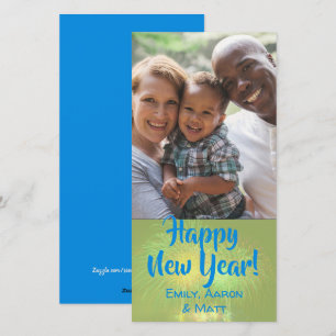 Family Photo Happy New Year Fireworks Greeting Holiday Card