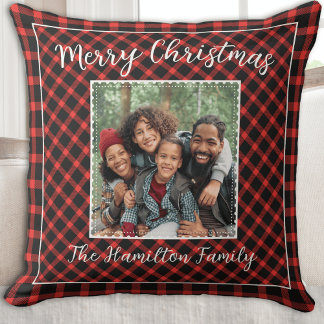 Family Photo Holiday Red Buffalo Plaid Cushion