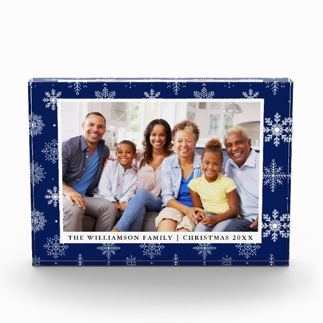 Family Photo Holiday Snowflakes Blue Photo Block (Front)