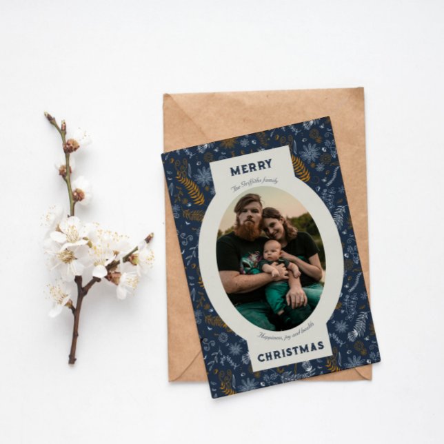 Family photo in blue floral doodle holiday card (Creator Uploaded)