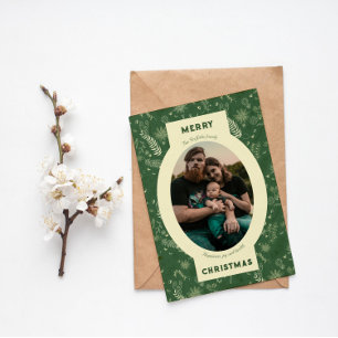 Family photo in green floral doodle holiday card