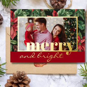 Family Photo in Poinsettia flower gold Foil Holiday Card