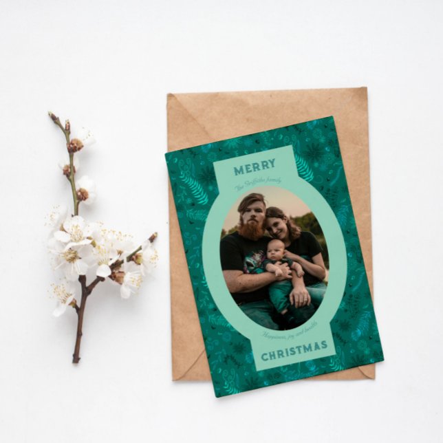 Family photo in turquoise floral doodle holiday card (Creator Uploaded)