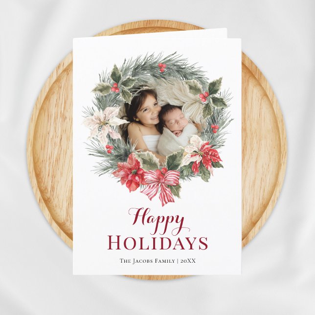 Family Photo in Wreath White Christmas Holiday Card (Creator Uploaded)