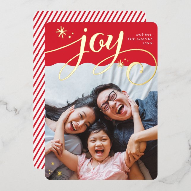  FAMILY PHOTO JOY fun whimsical calligraphy red Foil Holiday Card (Front/Back)