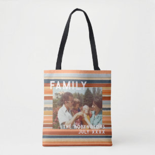 Family photo keepsake boho retro stripe typography tote bag