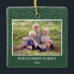 Family Photo Keepsake Snow Christmas Ceramic Ornament<br><div class="desc">This green Christmas ornament features a horizontal photo and is accented with a graphic of light snow. Personalise this square family ornament with your favourite photo,  name and year.</div>