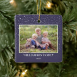 Family Photo Keepsake Snow Purple Christmas Ceramic Ornament<br><div class="desc">This square Christmas ornament features a horizontal photo on a dark purple background accented with a graphic of light snow. Personalize this family ornament with your name and year.</div>