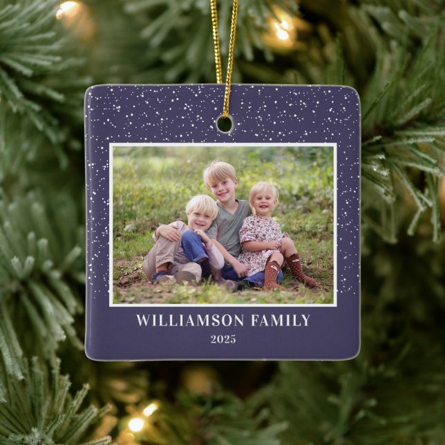 Family Photo Keepsake Snow Purple Christmas Ceramic Ornament (Tree)