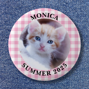 Family Photo Light Pink Buffalo Check Border 6 Cm Round Badge