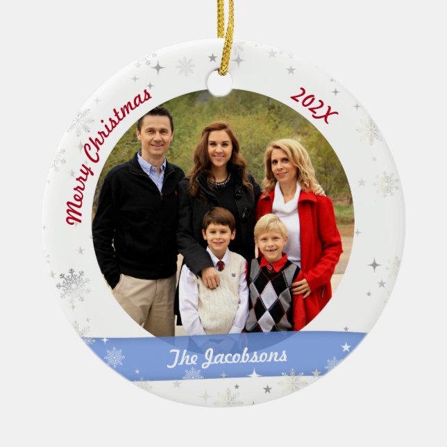 Family Photo Love Godfather Modern Snowflakes Xmas Ceramic Tree Decoration (Front)