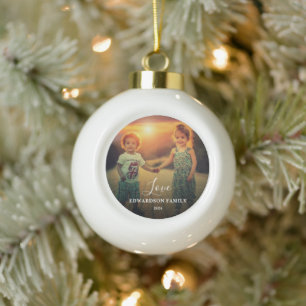 Family photo Love script family name christmas Ceramic Ball Christmas Ornament