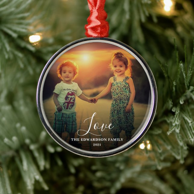 Family photo Love script family name christmas Metal Tree Decoration (Tree)