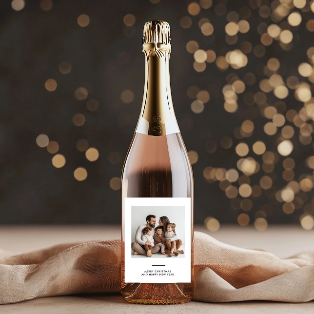 Family Photo & Merry and Bright Minimalistic  Wine Label (Creator Uploaded)