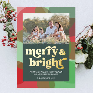 Family Photo Merry Bright Colourful Green Retro Foil Holiday Card