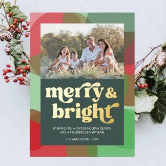 Family Photo Merry Bright Colourful Green Retro Foil Holiday Card