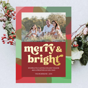 Family Photo Merry Bright Colourful Red Retro Foil Holiday Card