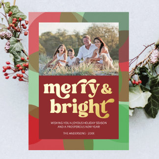 Family Photo Merry Bright Colourful Red Retro Foil Holiday Card
