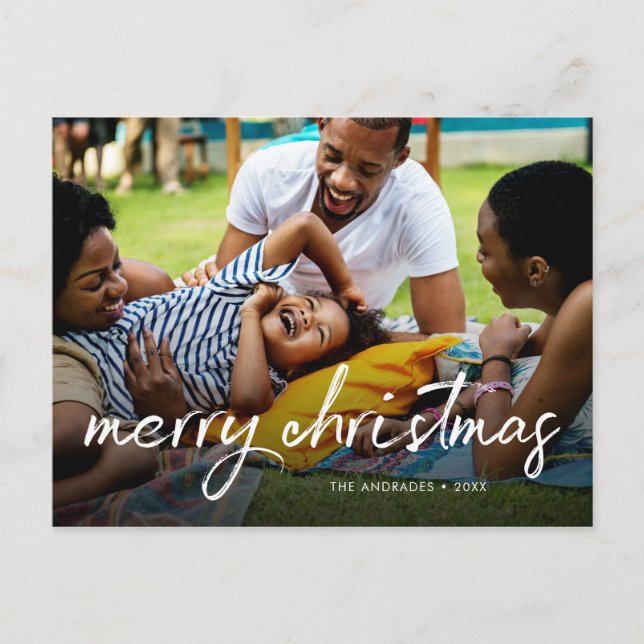 Family Photo Merry Christmas Brush Script Casual Holiday Postcard (Front)