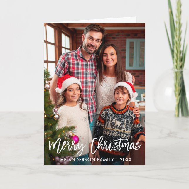 Family Photo Merry Christmas Brush Script Fold Holiday Card (Front)
