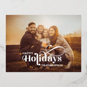 Family Photo Merry Christmas Calligraphy Silver Foil Holiday Postcard