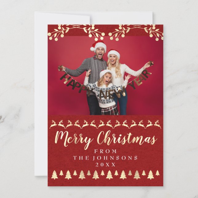 Family Photo Merry Christmas Gold Classy Red Holiday Card (Front)
