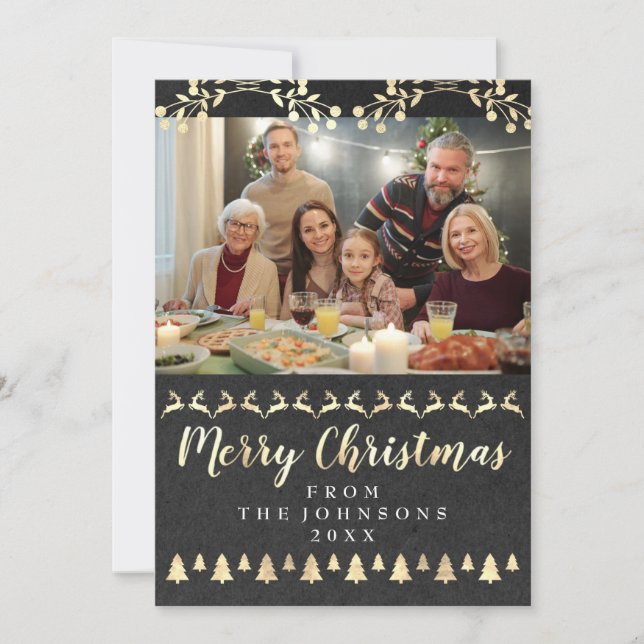 Family Photo Merry Christmas Gold Classy Rustic Holiday Card (Front)