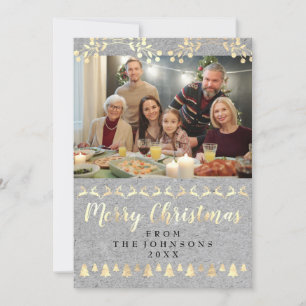 Family Photo Merry Christmas Gold Kraft Grey Holiday Card