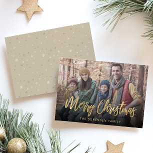 Family Photo Merry Christmas Gold Script Beige Holiday Card