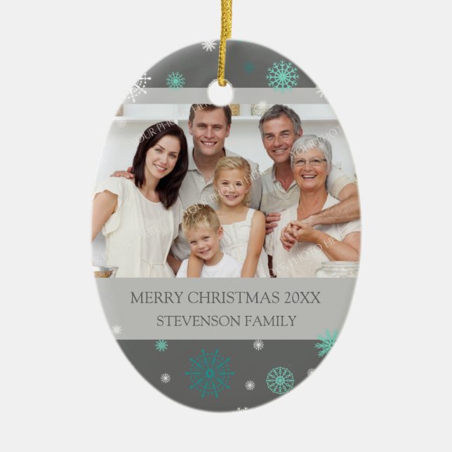 Family Photo Merry Christmas Ornament Grey Aqua (Front)