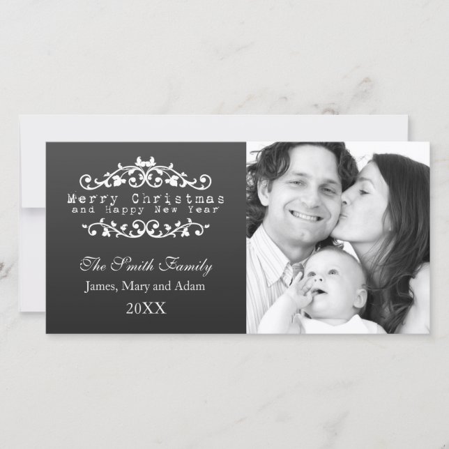 Family Photo Merry Christmas Ornamental Black Holiday Card (Front)