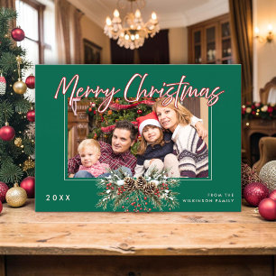 Family Photo Merry Christmas Pinecone Red Berries  Invitation